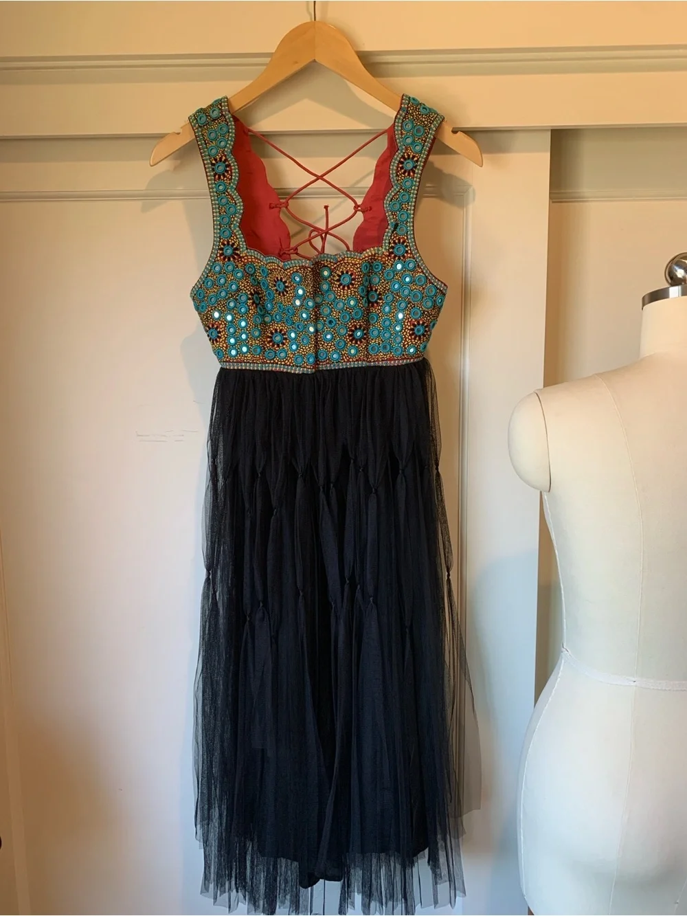 Free People Mirrored Turquoise & Gold Embroidered Dress with Black Net Skirt